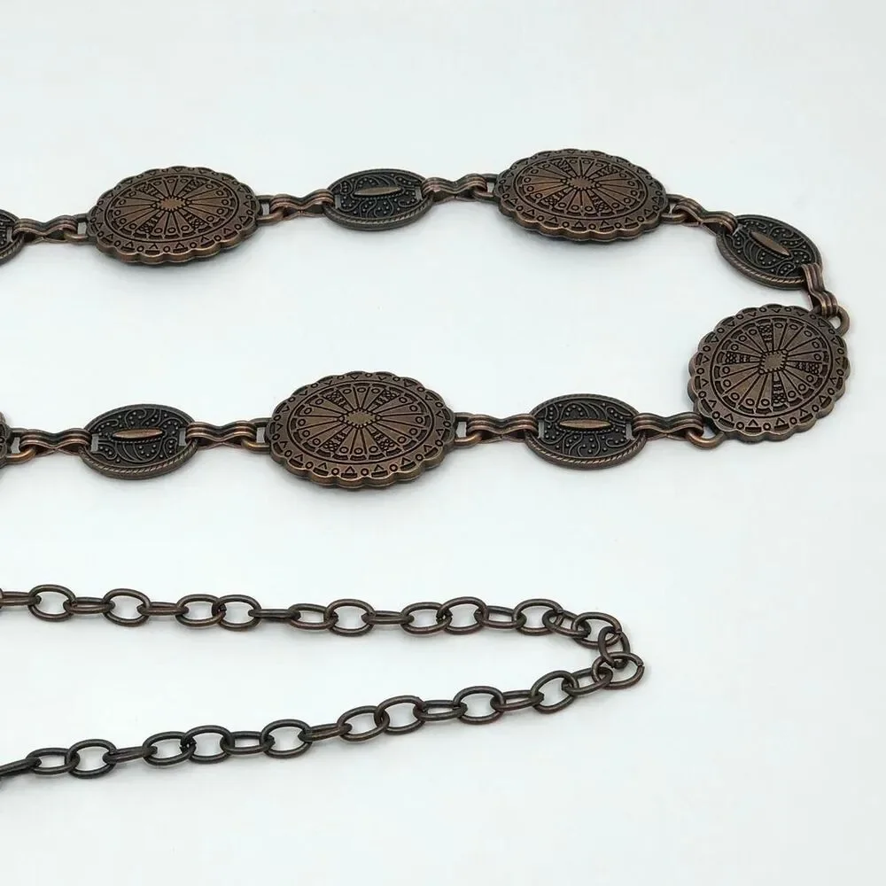 Y2K Boho Antique Bronze Medallion Chain Belt, Fits 22–37.5 Inches, X7GA1174